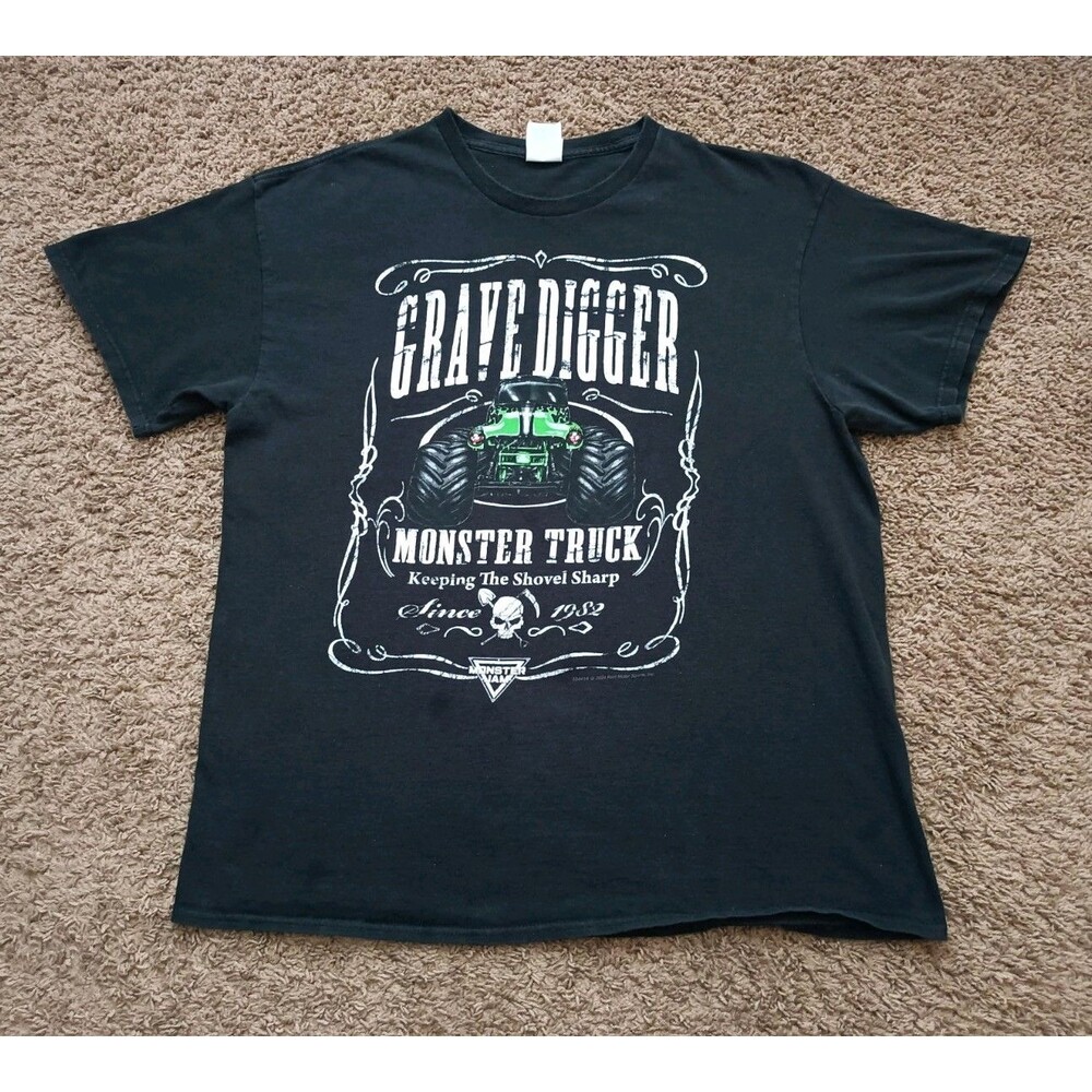 Monster Jam Grave Digger Graphic T-Shirt Men's L Black Cotton Short Sleeve